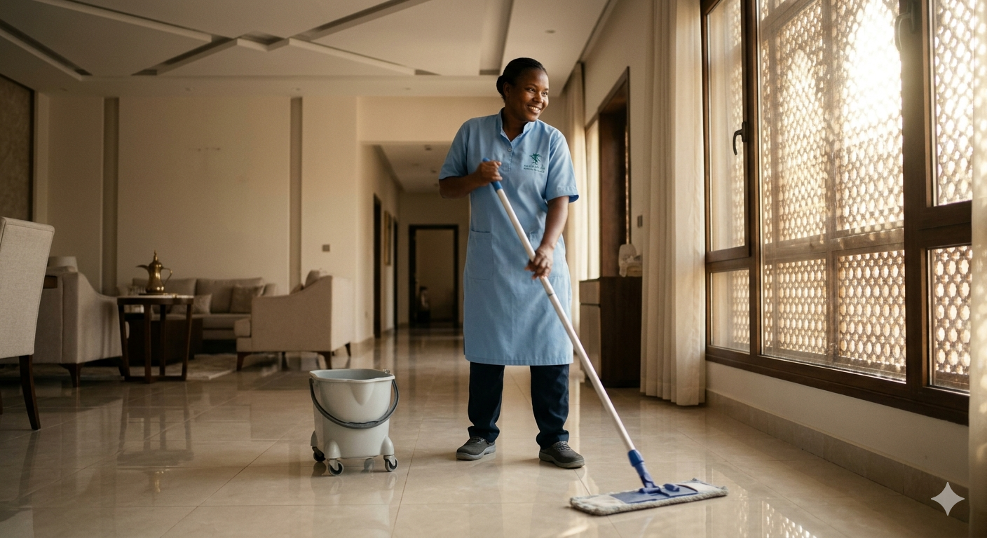 East African maid cleaning a home in Saudi Arabia